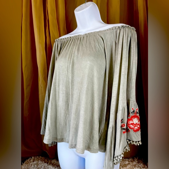 Altar'd State Tops - Sold… Altere’d State odd shoulder Embroidered trumpet sleeve blouse